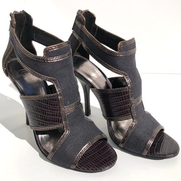 Tory Burch Geoff heel size 6M cage sandal zip linen & snakeskin embossed leather - Picture 7 of 14